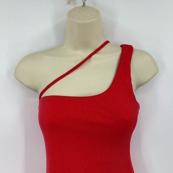 H:ours Niall midi dress red strappy kni ribbed bodycon one shoulder Medium - Picture 4 of 5